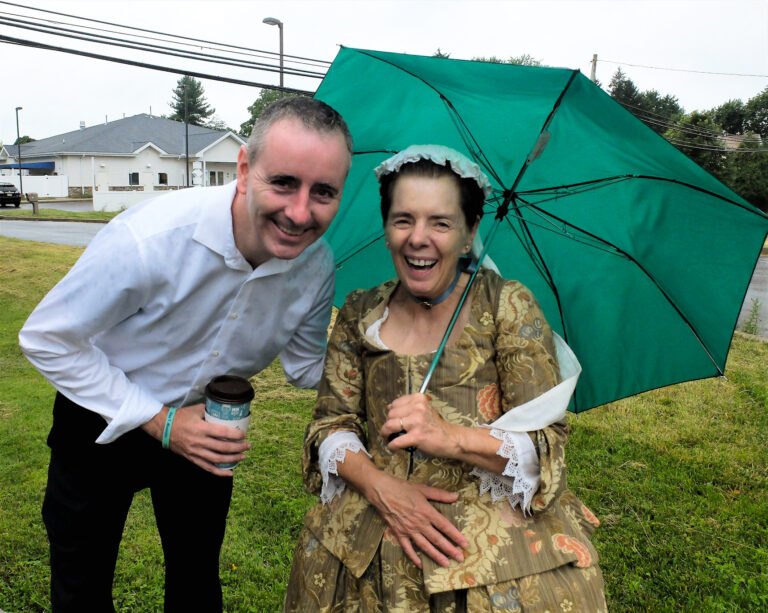 Brian Fitzpatrick and Wendy Wirsch out front of the William Tennent House